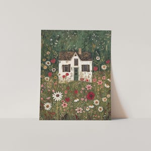 a painting of a house in a field of flowers