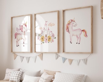 Unicorn Wall Decor Art Print PRINTED Unicorn Art Print, Unicorn Nursery , Unicorn Decor, Watercolor Unicorn Nursery print Set of 3 G01