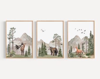 Woodland Nursery wall art PRINTED VERSION, Mountain wall art, tree nursery decor Forest nursery- Nursery Prints Watercolor Woodland- W05