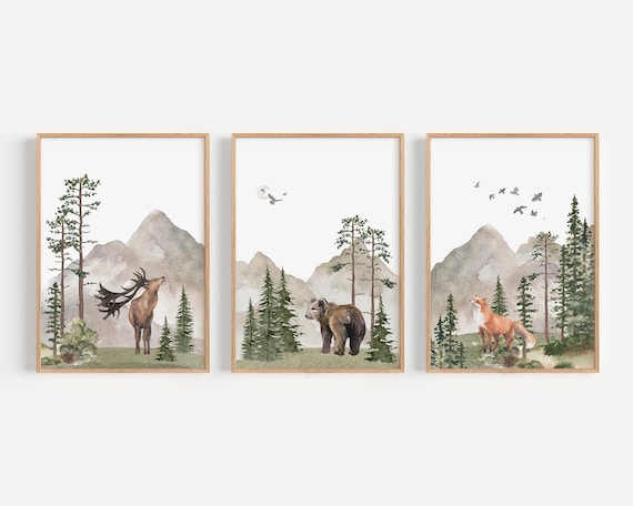 Woodland Nursery wall art PRINTED VERSION, Mountain wall art, tree nursery decor Forest nursery- Nursery Prints Watercolor Woodland- W05