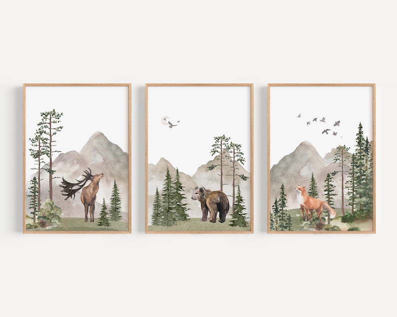 Woodland Nursery wall art PRINTED VERSION, Mountain wall art, tree nursery decor Forest nursery- Nursery Prints Watercolor Woodland- W05 image 1