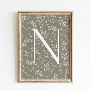May include: A framed print featuring the letter "N" in white against a sage green background with a floral pattern. The frame is a light, distressed wood. The artwork has a vintage, botanical theme.