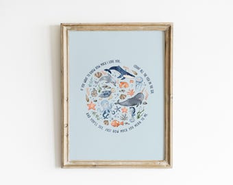 May include: Framed art print featuring an illustrated ocean scene with whales, dolphins, and other sea creatures. The artwork is set against a light blue background and includes the text: "If you want to know how much I love you..."