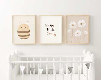 Floral Bee Nursery art print Happy Little Soul Watercolor floral girl nursery Printed and shipped on high archival paper Set of 3 BEM14-A3
