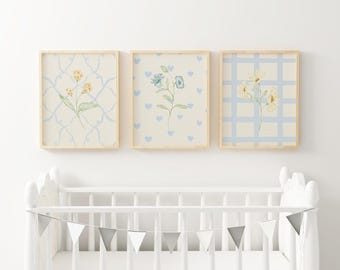 Vintage Blue Floral Nursery Wall Art Botanical Prints Soft Blue Cottagecore Girls Room Baby Nursery Grandmillennial Gallery Decor XVBP6-A3