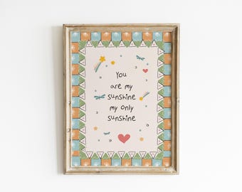 You Are My Sunshine Nursery Wall Art Whimsical Nursery Decor Blue Art Green Nursery Gender Neutral Playroom Art Printed and Shipped CNA3-A1