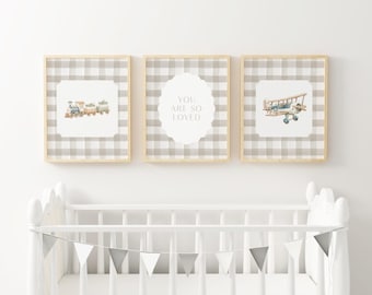 Eres tan amado Cuadro decorativo para habitación infantil con estampado de trenes y aviones a cuadros, transporte neutro, habitación de bebé niño, tonos tierra vintage, habitación infantil XTDY5-A3
