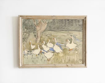 May include: Watercolor painting of a flock of white geese in a field, framed in a light-colored wooden frame. The geese are depicted with simple lines and washes of color, with a tree and a dark sky in the background. The artwork has a vintage aesthetic.