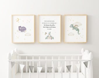 Dragon Nursery Wall Art Storybook Baby Room Decor Watercolor Castle Prints Neil Gaiman Quote Whimsical Playroom Decor Fantasy Theme GON4-A3
