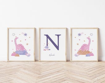 Personalized girl Dinosaur art prints, Girl dinosaur nursery decor Printed pink dinosaur theme Girl dinos Set of 3 PD5-A3 Personalized