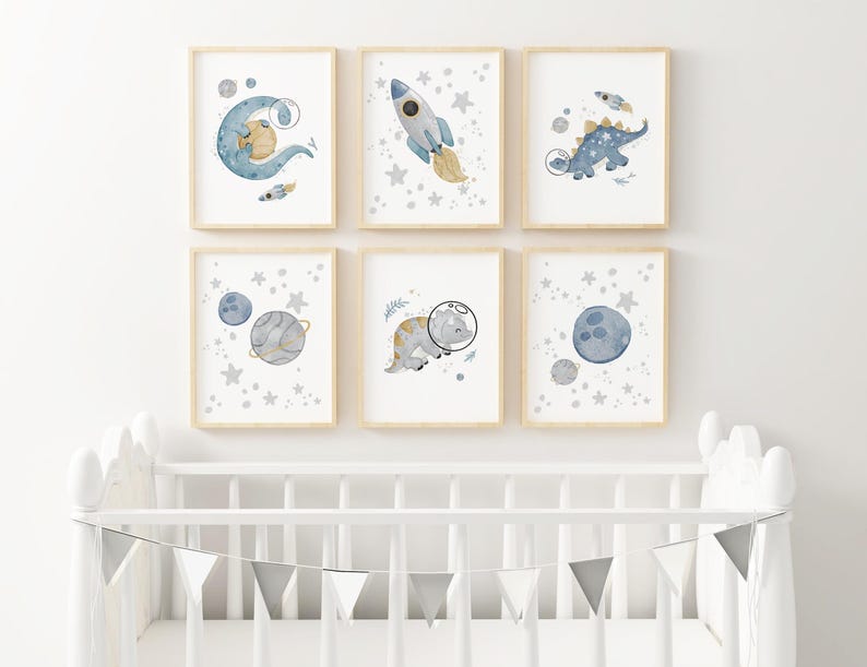 Space Dinosaur Nursery Art Prints PRINTED Set of 6 Watercolor Dinosaur