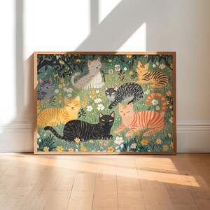 a painting of cats in a field of flowers
