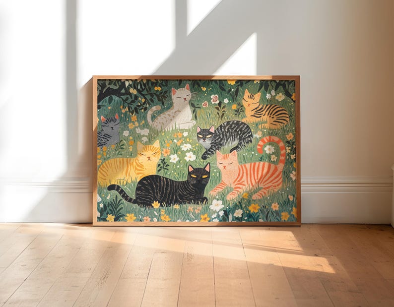 a painting of cats in a field of flowers