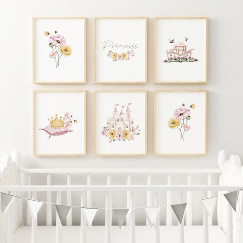 Prinses Gedrukte kunstprint, Pink Girl Nursery Gedrukt en verzonden Aquarel Princess Nursery gedrukt op hoog archiefpapier Set van 6 P1-A6