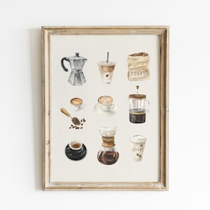 The image is a framed collage of various coffee-related items, including a coffee pot, a coffee cup, a bag of coffee beans, a coffee creamer, a coffee grinder, a coffee mug, a coffee saucer, a coffee scoop, a coffee strainer, and a coffee cup.