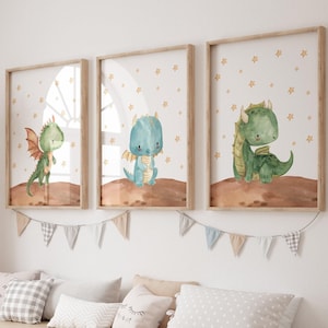 Dragon Printed art print,  Watercolor boy Dragon Printed and shipped Watercolor dragon art  printed on high archival paper Set of 3 D2-A3