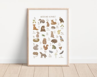 Woodland Alphabet Printed art print,  Printed and shipped Watercolor woodland alphabet printed on high archival paper WA1-A1
