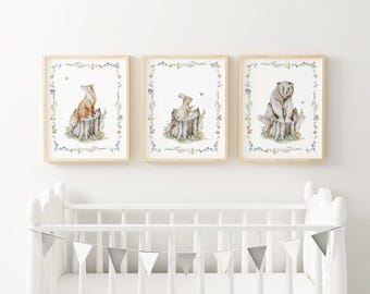 Woodland Animal Nursery Wall Art Whimsical Nursery Art Woodland Floral Decor Bear Art Print Rustic Forest Themed Baby Room Decor WHM1-A3