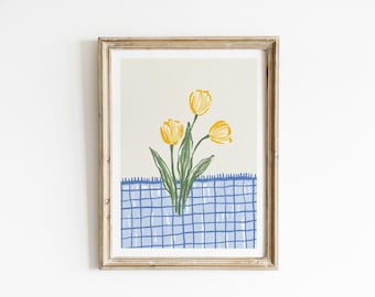 Kitchen Wall Art Blue Yellow Tulip  Gingham Flower Print Cottagecore Breakfast Nook Decor Botanical Poster Country Dining Room Art PCD8-A1