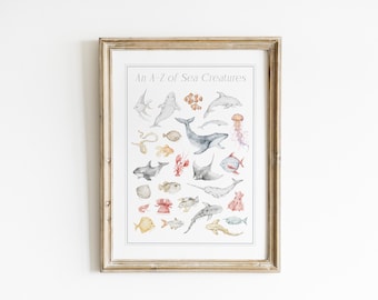 Ocean Animal Alphabet Nursery Wall Art Watercolor Sea Creatures A-Z Educational Chart Kids Room Preschool Classroom Marine Life PEO13-A1