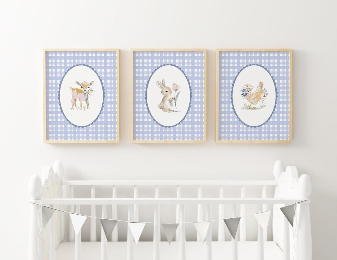 Vintage Farm Nursery Wall Art Watercolor Bunny Lamb Chicken Blue ...