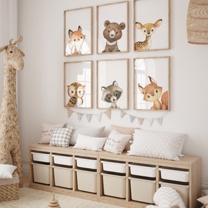 Wydruk artystyczny Woodland Nursery, Woodland Bear Wydrukowano i wysłano Akwarela Las wydrukowana na papierze wysokiej jakości Zestaw 6 sztuk WP1-A6