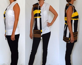 Black, white, yellow, sleeveless top, blouse, tunic, comfortable, cotton, asymmetrical  Size UK 16, 18 / US 12, 14