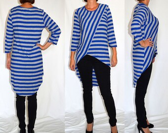 Grey, blue, striped,  jersey, tunic, top, comfortable top Size UK 14, 16 / US 8, 10, 12