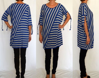 Grey, blue, striped ,  jersey, tunic, top, comfortable top Size UK 12-14, 16-18 / US  8-10, 12-14