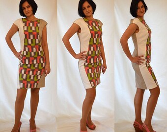 SALE Asymmetrical, white, ivory, pink, brown, green, beige, colorful, pencil dress Size UK 8, 10, 12 / US 4, 6, 8