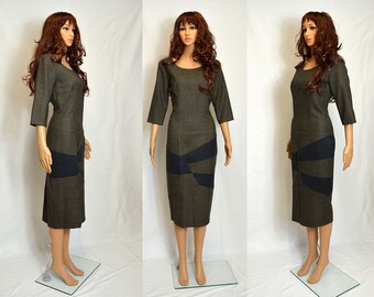 Elegant wool brown Navy autumn comfortable casual formal dress with sleeves