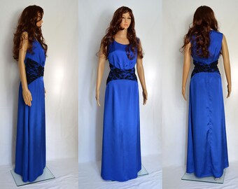 Maxi dress Size UK 12, 14 / US 8, 10 ( elegant, long, royal blue black lace, silk, formal, A-line, evening)