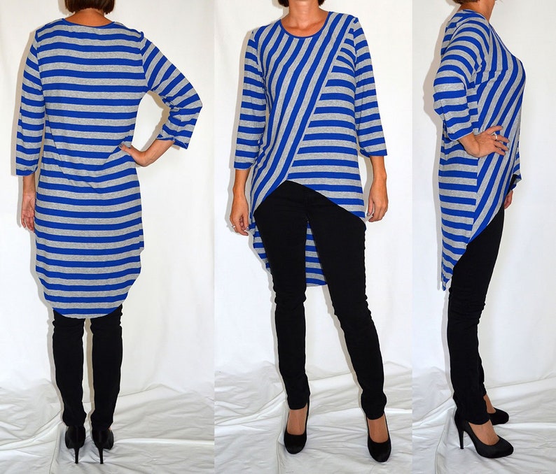 Grey, blue, striped, jersey, tunic, top, comfortable top Size UK 14, 16 / US 8, 10, 12 image 1