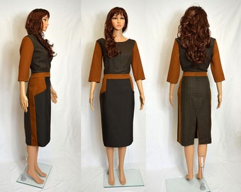 Elegant wool brown checked camel autumn comfortable casual formal dress with sleeves UK 12, 16 / US  8, 12