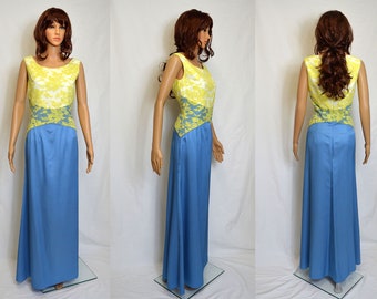 Sale Maxi dress Size UK 12 / US 8 ( elegant, long, blue yellow lace, silk, formal,mermaid, evening)