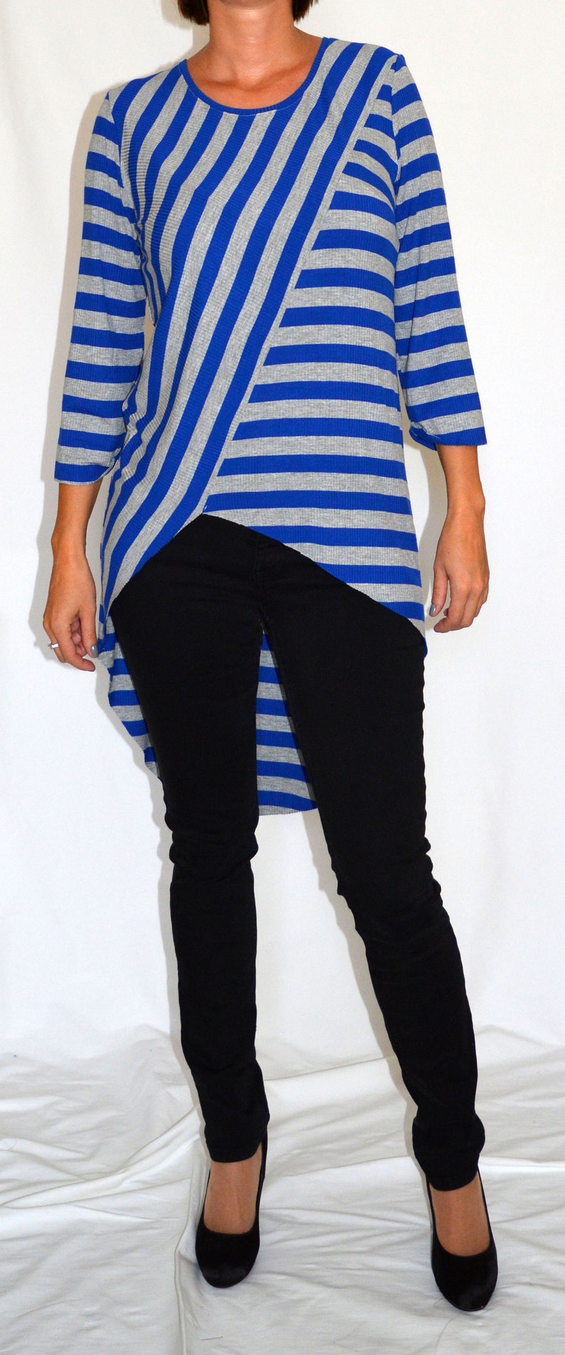 Grey, blue, striped, jersey, tunic, top, comfortable top Size UK 14, 16 / US 8, 10, 12 image 2
