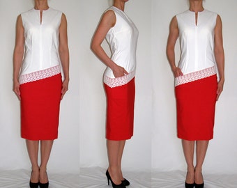 SALE Red, ivory, white, pencil, elegant, casual dress with front pocket and lace trim Size UK 10 / US 6