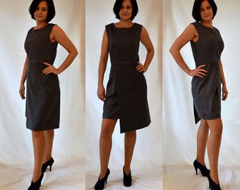 Gray, woven, wool, elegant, asymmetrical, sleeveless, cocktail dress Size UK 14 / US 10