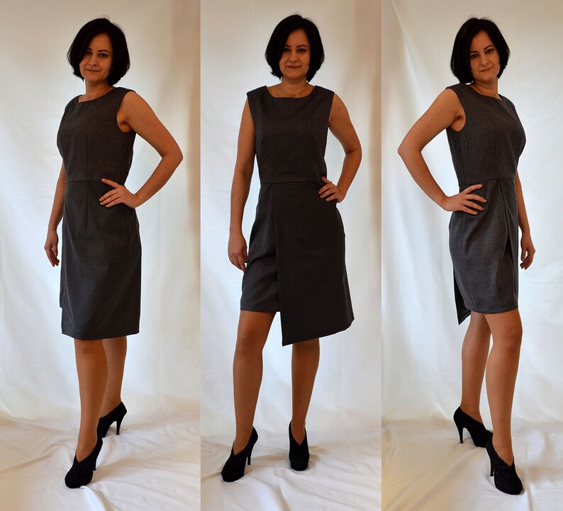 Gray, woven, wool, elegant, asymmetrical, sleeveless, cocktail dress Size UK 14 / US 10 image 1