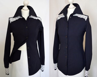 SALE Navy and white shirt, lace blouse Size UK 10, 12, 14 / US 6, 8, 10