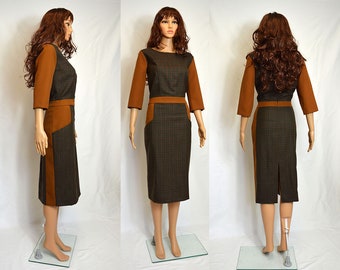 Elegant wool brown checked camel autumn comfortable casual formal dress with sleeves UK 14/ US  10