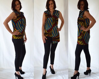 SALE Colourful, asymmetrical, sleeveless, tube, cotton top, blouse, African print. UK size 10, 12, 14 / US 6, 8, 10