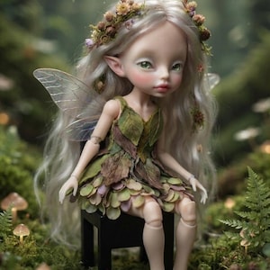 May include: A ball-jointed doll with long, wavy, light-colored hair adorned with small dried flowers and foliage. The doll has pointed ears, green eyes, and translucent wings. It wears a dress made of layered green and brown leaf-shaped fabric.