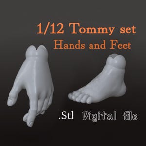 May include: A 1/12 scale Tommy set of hands and feet, presented as a white, smooth, anatomical model. The image includes the text 1/12 Tommy set Hands and Feet and .Stl Digital file, indicating this is a 3D printable digital file for figures.