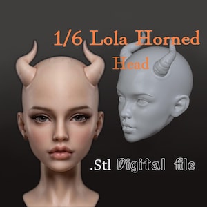 May include: A 1/6 scale Lola horned head digital file in STL format. The image displays two versions of a bald, human-like head with curved horns protruding from the sides. One head is skin-toned, and the other is a solid light gray color.