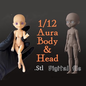 May include: A 1/12 scale Aura doll body and head digital file in STL format. The image displays a light-skinned doll with purple eyes and a separate grey-toned doll figure, featuring articulated joints and a smooth, sculpted appearance.