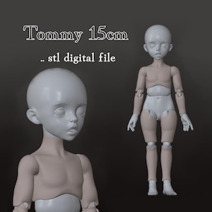 May include: A 3D digital model of a ball-jointed doll named Tommy 15cm, presented as an STL digital file. The doll features a smooth, light-colored surface with articulated joints at the shoulders, elbows, hips, and knees, shown in two views.
