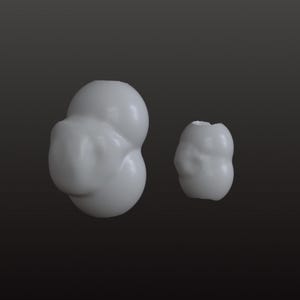 May include: Two white, smooth, organic-shaped objects with rounded, bulbous forms. The larger object on the left features multiple interconnected rounded sections, while the smaller object on the right has a similar irregular, soft, and rounded structure.