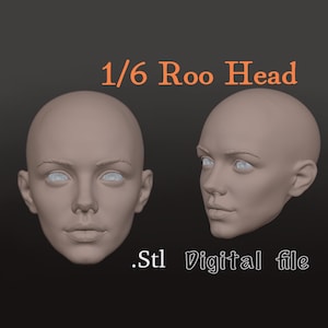 May include: A 3D digital model of a human head, shown from both front and side angles, featuring smooth skin texture and defined facial features. The text 1/6 Roo Head and .Stl Digital file are displayed in orange and white against a dark background.