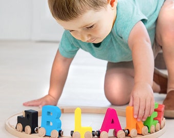 Build Your Own Name Alphabet Train 3 LARGE Inch Each Letter Hand Made in U.S.A Live Rolling Wheels & Self Attaching Magnets Kids Room Decor